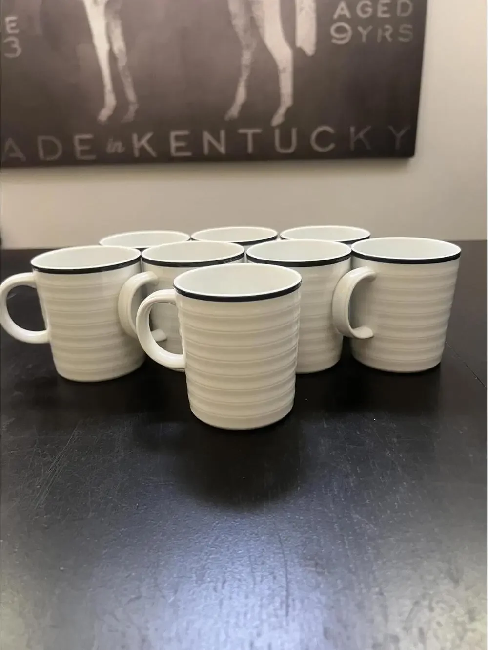 Crate & Barrel (4) White‎ Ribbed Blue Trim Porcelain Mug